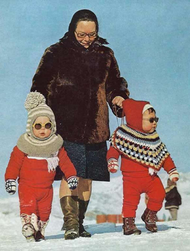Two cute toddlers on a walk with their grandma. Greenland, 1973 - Rare Historical Photos In Color