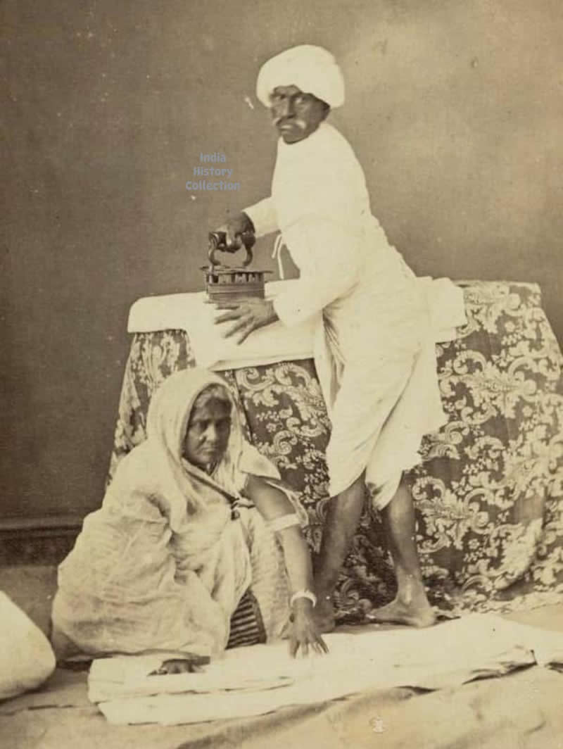 Indian man ironing. Photograph circa 1890s - Rare Historical Vintage Indian Photos