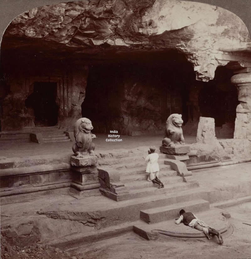 East wing of the Tiger Cave, Elephanta — India, 1903 - Rare Historical Vintage Indian Photos