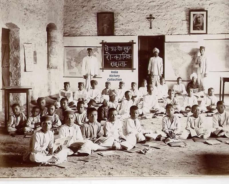 A missionary school for boys — identified by a handwritten note on the reverse as St. Francis Xavier School, Rahata, likely dating to the early 1900s - Rare Historical Vintage Indian Photos