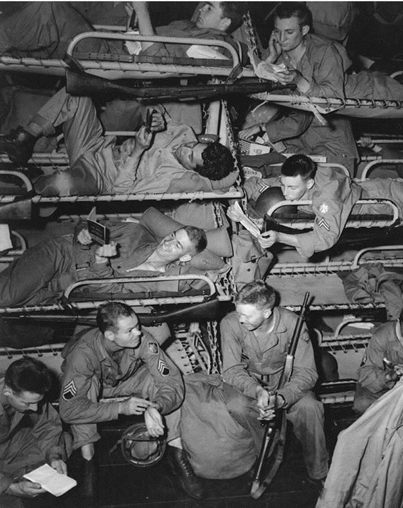 Thunderbirds below deck of the USS James O'Hara on their way to Sicily, the 45th Infantry Division spent 2 weeks on the front-lines before being pulled to the rear. 15th June 1943. - Rare Historical Photos That Bring Forgotten Moments