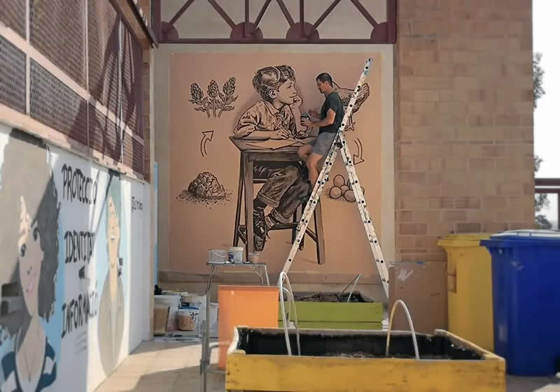 Antoni Berg&oacute;s school, in Buts&egrave;nit de Lleida - Big Wall Mural Paintings by Oriol Arumi