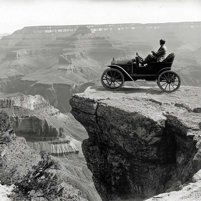 Tourist and his car at the edge of the Grand Canyon. Arizona, USA. 1914 - History Forgotten Moments Unseen Photos