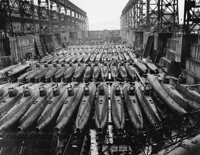 Japanese Type D ‘Koryu’ submarines in a drydock at Kure Naval Base, Japan. October (1945) - Vintage Rare Historical Photos