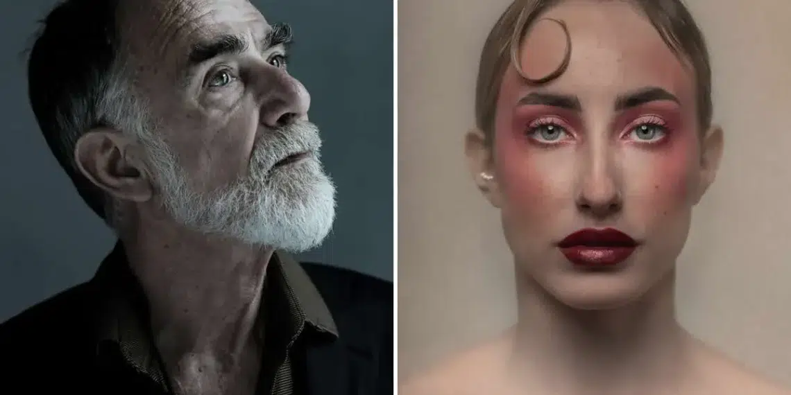 Two portraits an elderly man gazing upward and a woman with bold red makeup staring forward