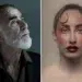 Two portraits an elderly man gazing upward and a woman with bold red makeup staring forward