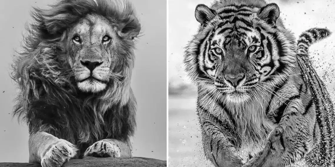 Why Are These 32 Wildlife Photography the Stars of Exposure One Awards? 33 Black and white wildlife photos of a lion and a running tiger