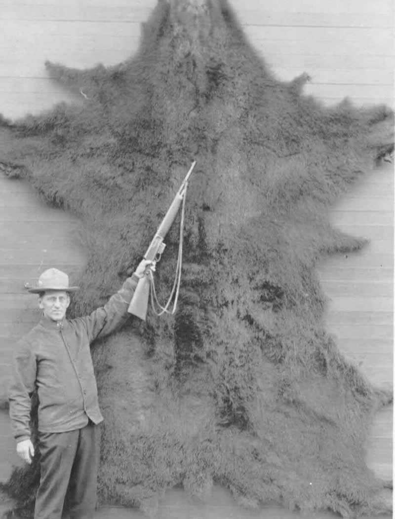 Dr..W.H. Chase shows off his massive Alaskan brown Bear hide tacked to the side of a building in Cordova, Alaska. The brute was taken on nearby Hinchinbroock Island in May 1919. - Old Photos That Capture Rare and Forgotten Moments in History