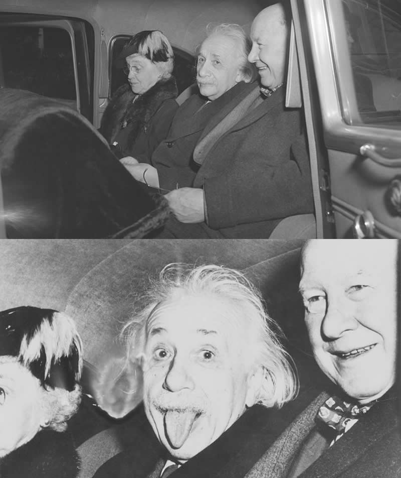 Albert Einstein moments before his famous photo with his tongue out, March 14, 1951. He was leaving his 72 birthday party at Princeton University. - Old Photos That Capture Rare and Forgotten Moments in History