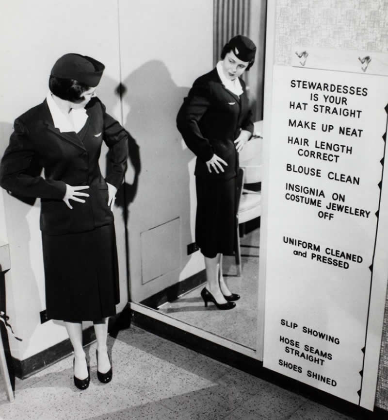 Pre-flight stewardess responsibilities for United Airlines, 1951. - Old Photos That Capture Rare and Forgotten Moments in History