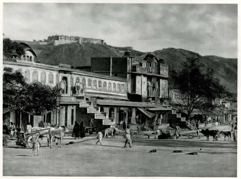 Street Scene and Temple Portico in Jaipur, India - 1920s - Rare Old Photos of India