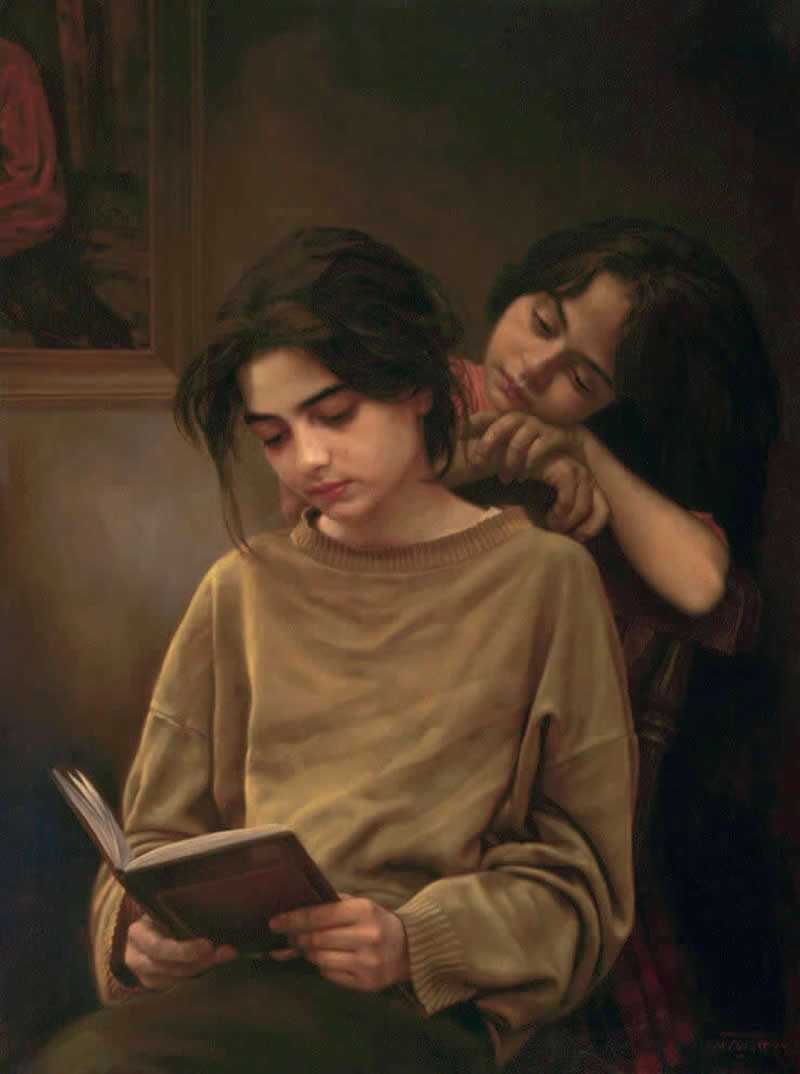 Sisters and a Book, 1997 - Oil on canvas, 80 x 60 cm - Iran Realist Painter Iman Maleki