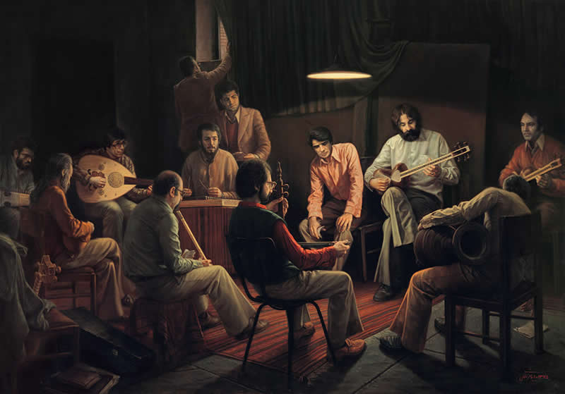 Composing Music Secretly, 1996 - Oil on canvas, 100 x 70 cm - Iran Realist Painter Iman Maleki