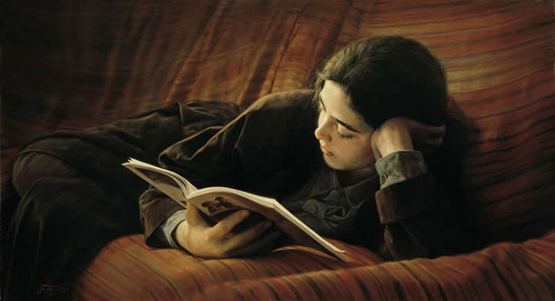 Studying, 1998 - Oil on canvas, 91 x 50 cm - Iran Realist Painter Iman Maleki