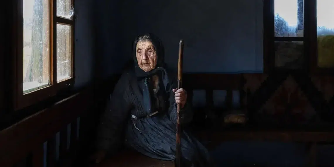Elderly woman sitting by window holding a wooden stick in dim light