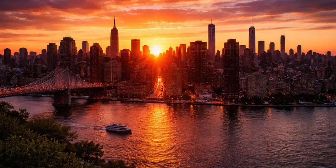 Manhattan skyline at sunset with golden reflections on the East River