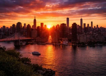 Manhattan skyline at sunset with golden reflections on the East River