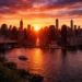 Manhattan skyline at sunset with golden reflections on the East River