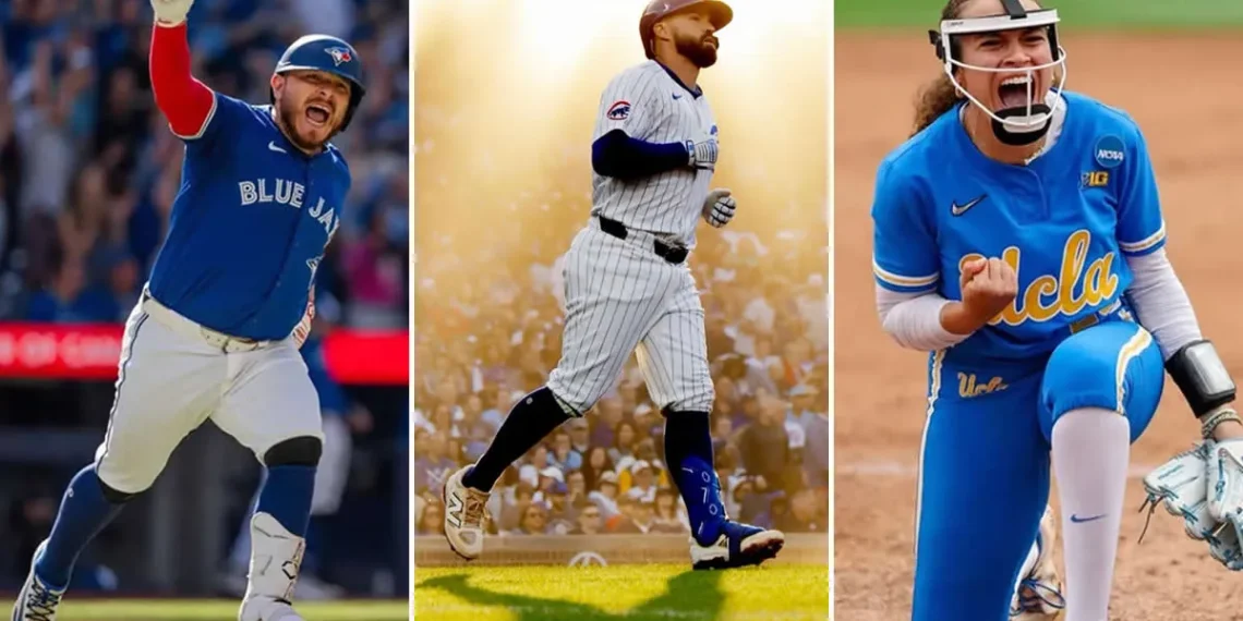 Three baseball and softball players celebrating mid-game: Blue Jays, Cubs, UCLA