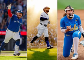 Three baseball and softball players celebrating mid-game: Blue Jays, Cubs, UCLA