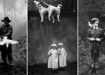 Vintage black-and-white surreal photos of people with animals and objects