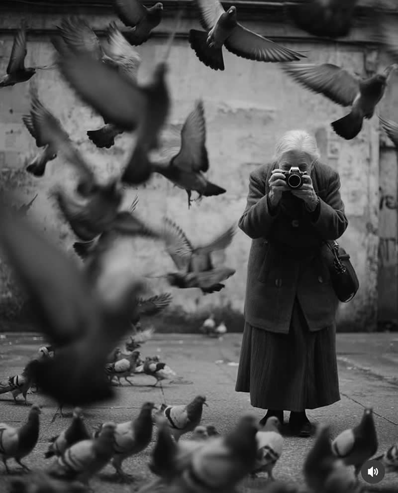 Timeless and Emotional: 30 Black and White Photos That Touch the Soul 36 Black and white street photo of an elderly woman holding a camera while pigeons fly around her in motion, creating a dramatic moment of movement and stillness in an urban setting.