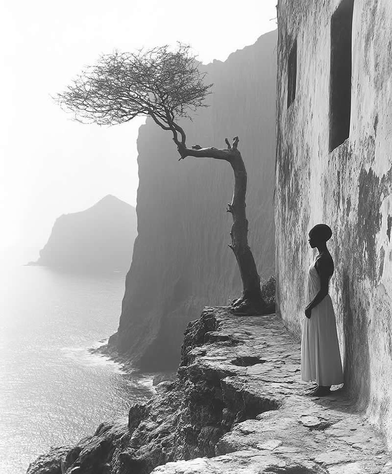 Timeless and Emotional: 30 Black and White Photos That Touch the Soul 41 Black and white photo of a woman standing beside an old building on a narrow cliffside path, looking out over the ocean, with a lone wind-shaped tree and dramatic coastal cliffs fading into mist.