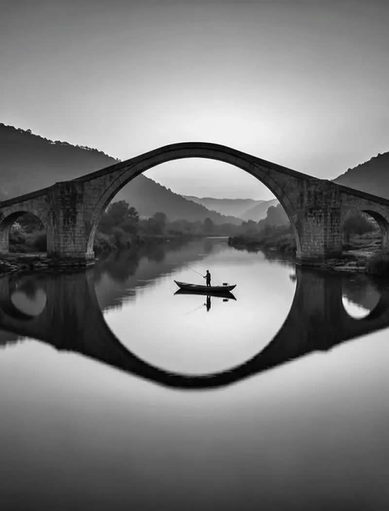 Timeless and Emotional: 30 Black and White Photos That Touch the Soul 43 Black and white photo of a lone fisherman standing in a small boat beneath a large stone arch bridge, with the bridge and its reflection forming a perfect circle on the calm river surrounded by misty hills.