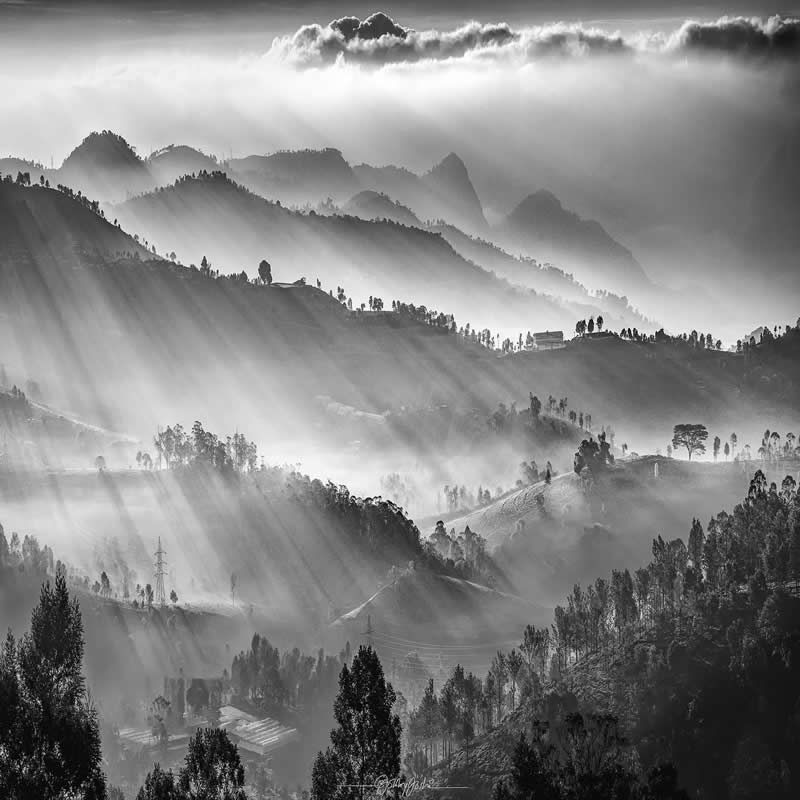 Timeless and Emotional: 30 Black and White Photos That Touch the Soul 55 Black and white landscape of layered mountain hills covered with trees, with dramatic sun rays streaming through mist and clouds, creating a serene and atmospheric scene of depth and natural beauty.