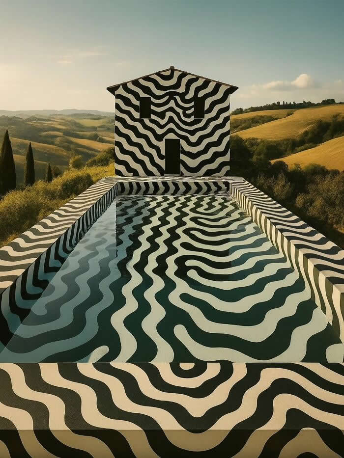 A striking black-and-white optical illusion mural covering a house and pool, with wavy patterns reflecting in the water, set against a scenic countryside landscape with rolling hills. Tuscany, Italy.