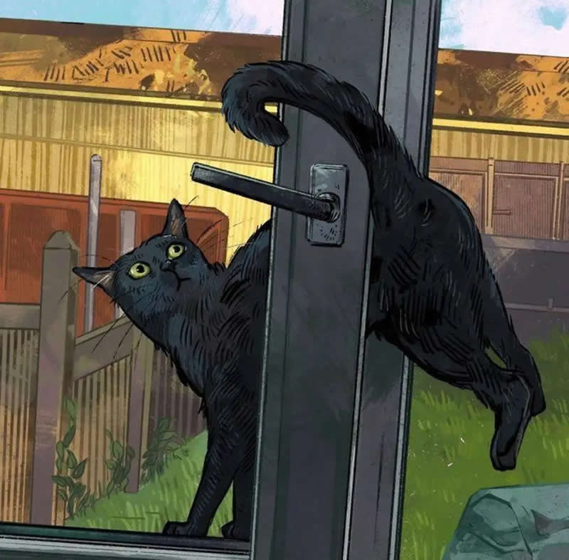 Funny illustration of a black cat stuck on a door handle while trying to squeeze through a glass door, looking surprised and confused.
