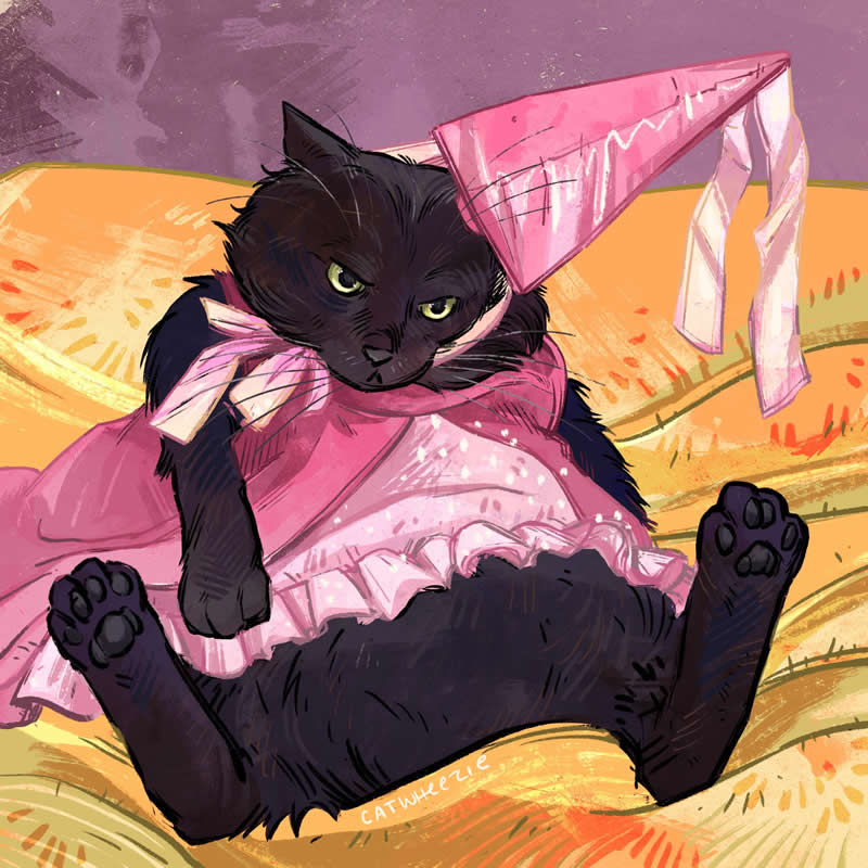 Funny illustration of a grumpy black cat wearing a pink dress and headscarf while sitting on a couch looking annoyed and unimpressed.