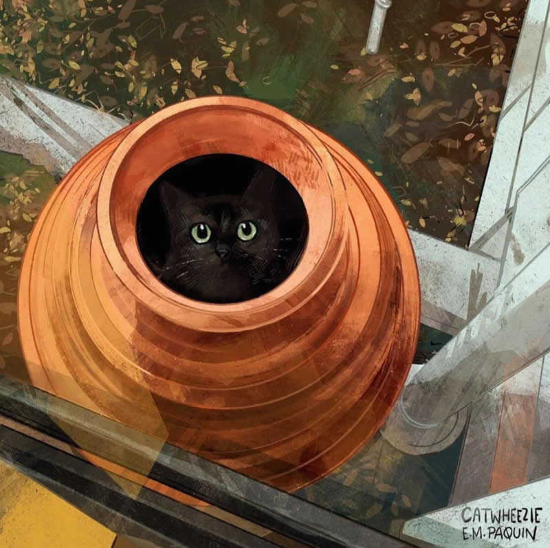 Funny illustration of a black cat sitting inside a large flower pot with only its head visible, looking up with curious green eyes.