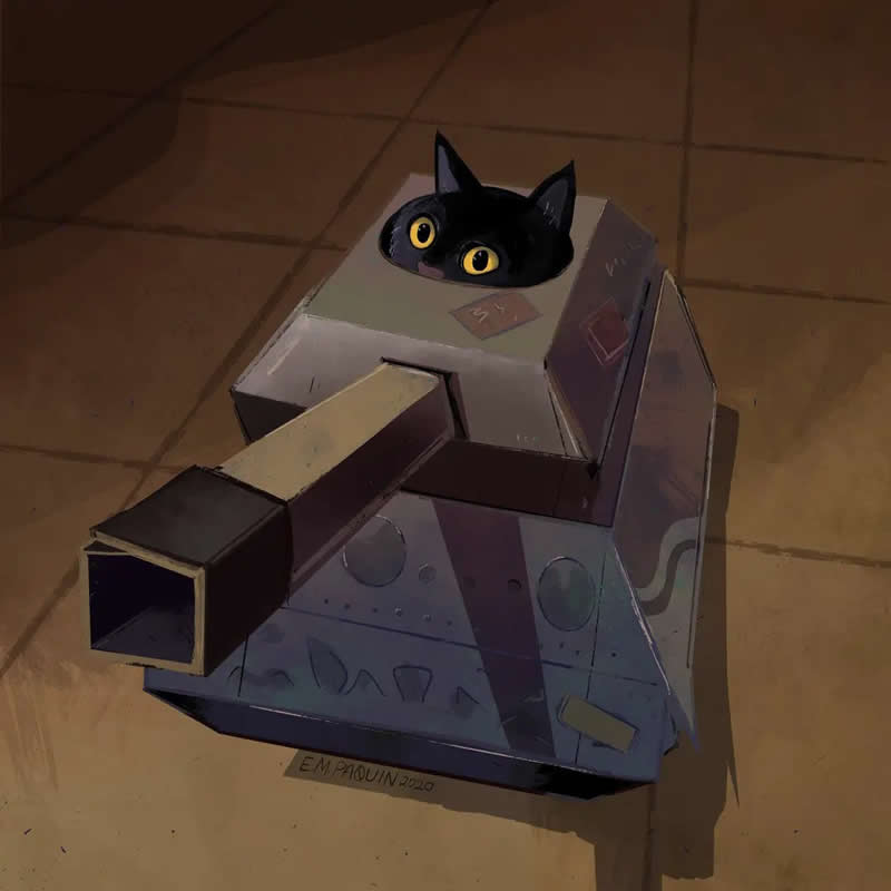 Funny illustration of a black cat peeking out of a cardboard tank toy with wide yellow eyes, looking ready for battle on the floor.