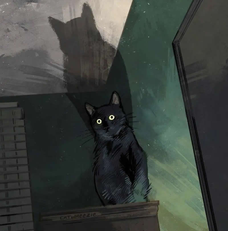 Funny illustration of a black cat peeking out of a cardboard tank toy with wide yellow eyes, looking ready for battle on the floor.