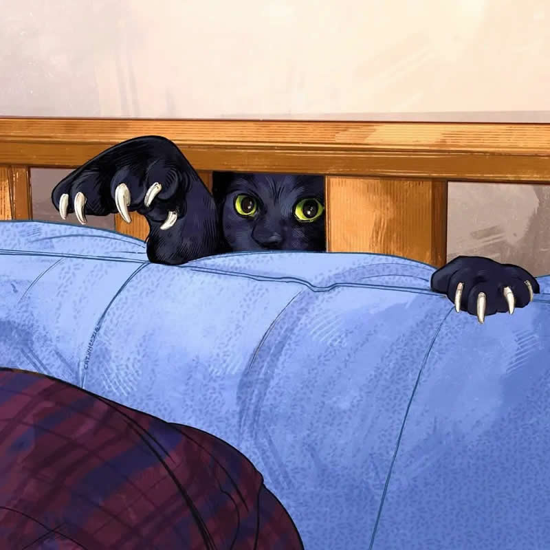 Funny illustration of a black cat peeking over a couch with big eyes and sharp claws showing like a playful little monster.