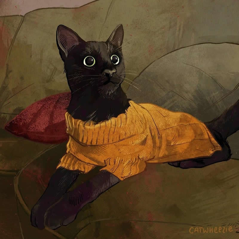 Funny illustration of a black cat wearing a cozy yellow sweater while lounging on a couch and looking stylish with wide curious eyes.