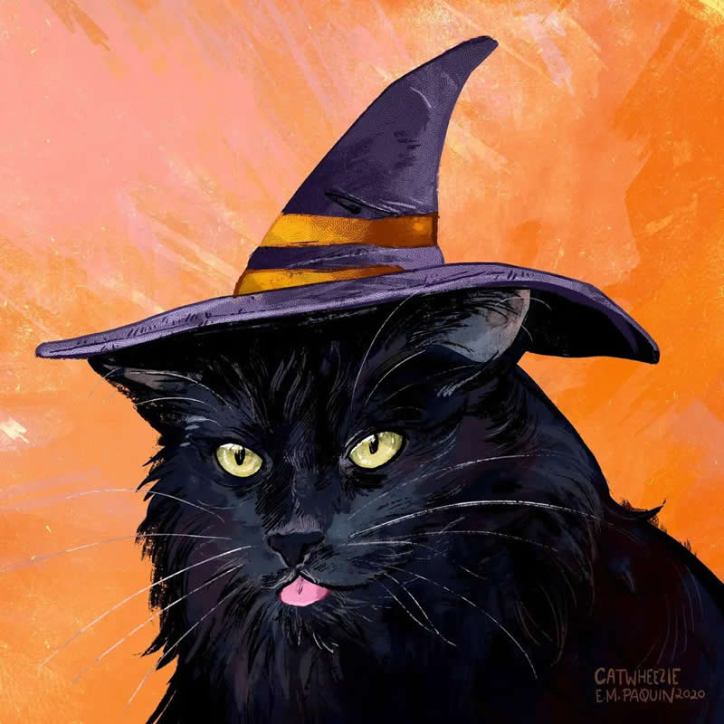 Funny illustration of a black cat wearing a witch hat with its tongue slightly sticking out against an orange background.