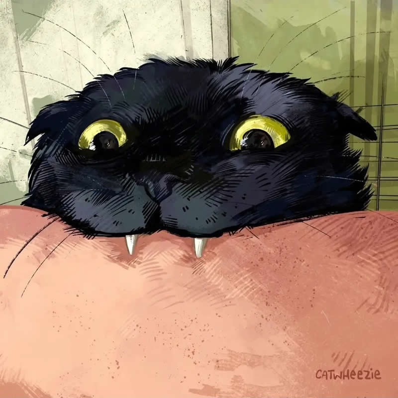 Funny illustration of a black cat with wide yellow eyes and small fangs peeking over a couch edge while gripping it with its teeth.