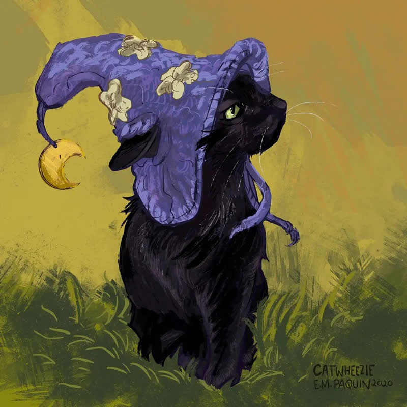 Funny illustration of a black cat wearing a purple wizard hat with moon charm while sitting in grass and looking magical.