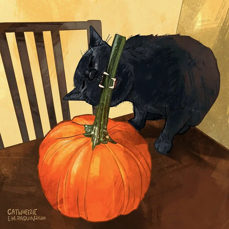 Funny illustration of a black cat biting the stem of a pumpkin while standing on a table next to a wooden chair.