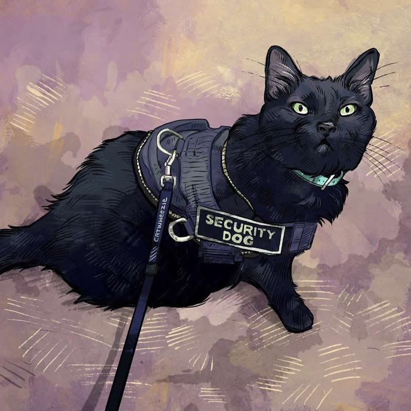 Funny illustration of a black cat wearing a harness labeled “Security Dog” while sitting proudly like a tiny guard pet.