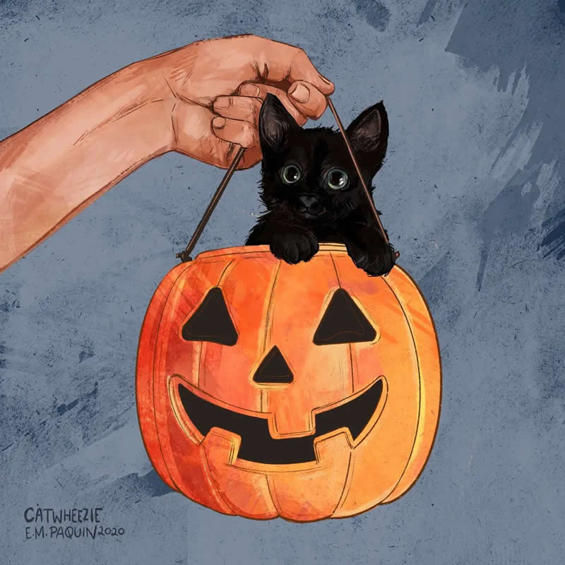 Funny illustration of a small black kitten sitting inside a glowing Halloween pumpkin bucket while being held by a hand.
