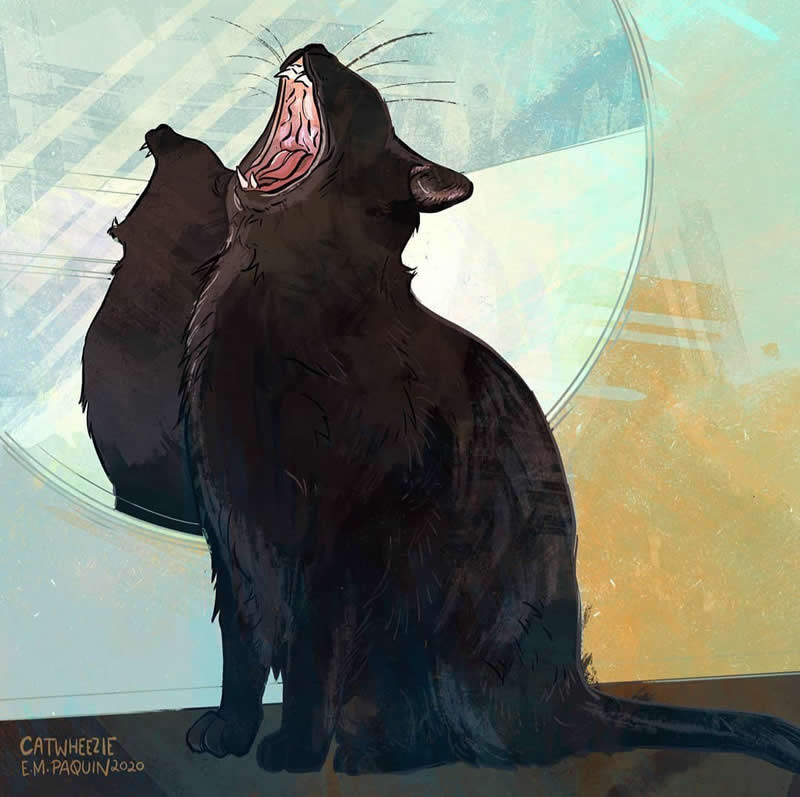 Funny illustration of a black cat yawning or meowing loudly while sitting in front of a mirror with its mouth wide open.