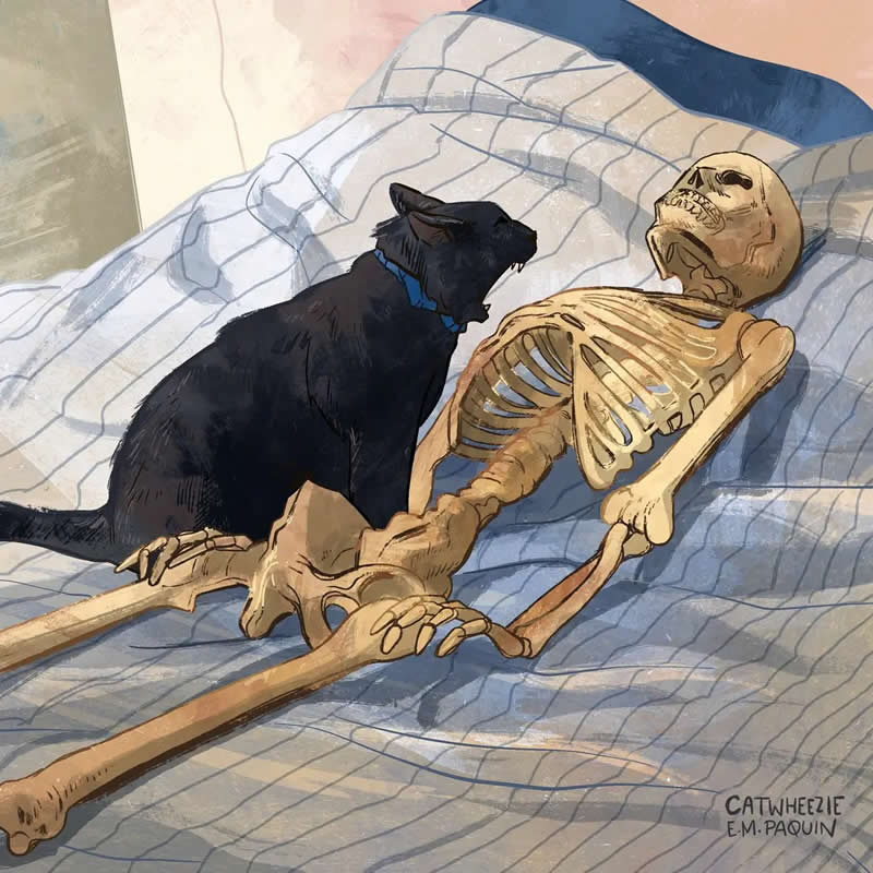 Funny illustration of a black cat sitting next to a human skeleton lying on a bed, creating a playful spooky scene.