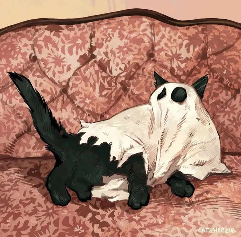 Funny illustration of a black cat sitting on a couch with a small white cloth over its head like a simple ghost costume.