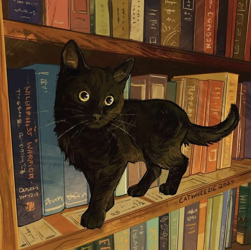 Funny illustration of a black cat standing confidently on a bookshelf surrounded by colorful books in a cozy library setting.