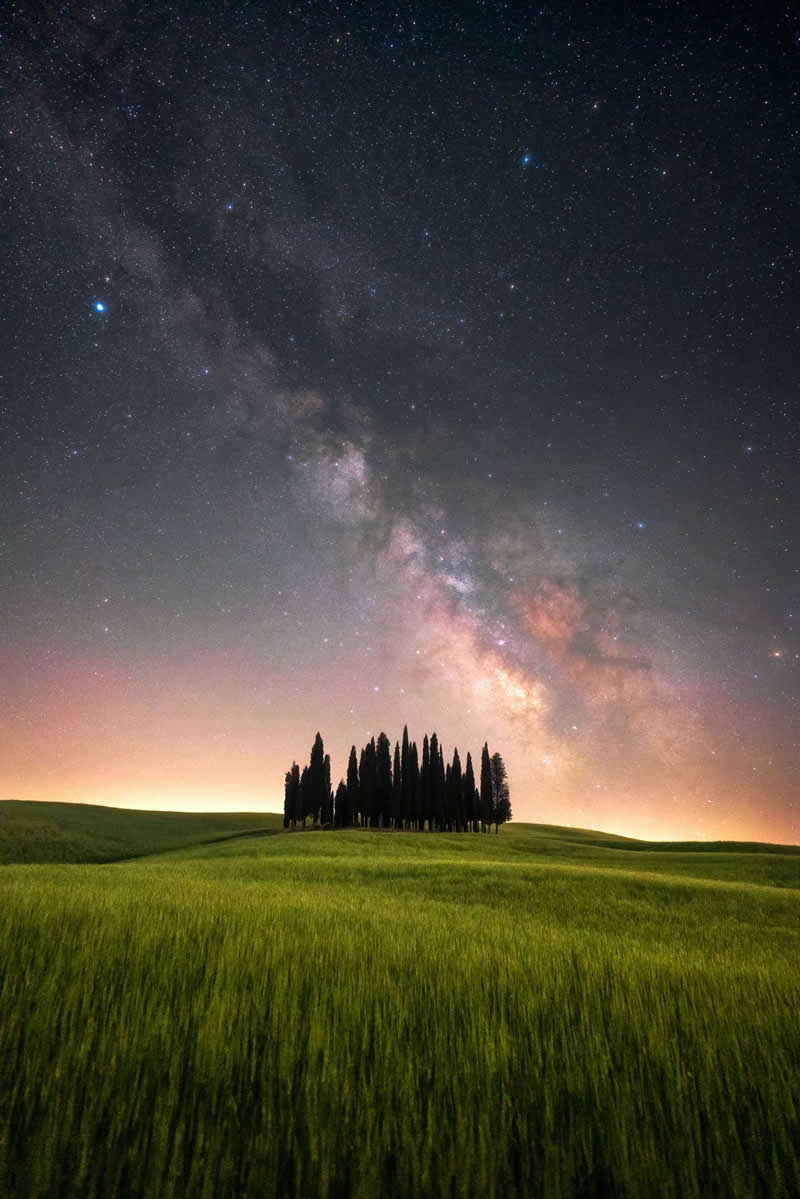 Beyond the Stars: How Mads Peter Iversen Captures the Milky Way Like No One Else 35 Milky Way galaxy rising above green rolling fields with a cluster of tall trees silhouetted against a glowing star-filled night sky.