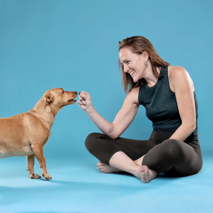 Professional dog photographer Sarah DeRemer sits on a blue studio floor offering a treat to a small mixed-breed dog during a photoshoot, capturing a joyful behind-the-scenes moment that shows the playful connection between photographer and dog.