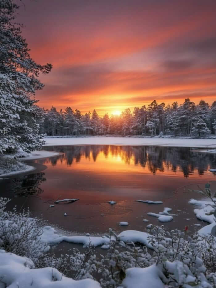 Winter sunset reflecting on a calm forest lake surrounded by snow-covered trees with glowing orange sky mirrored on the water creating a peaceful snowy landscape.